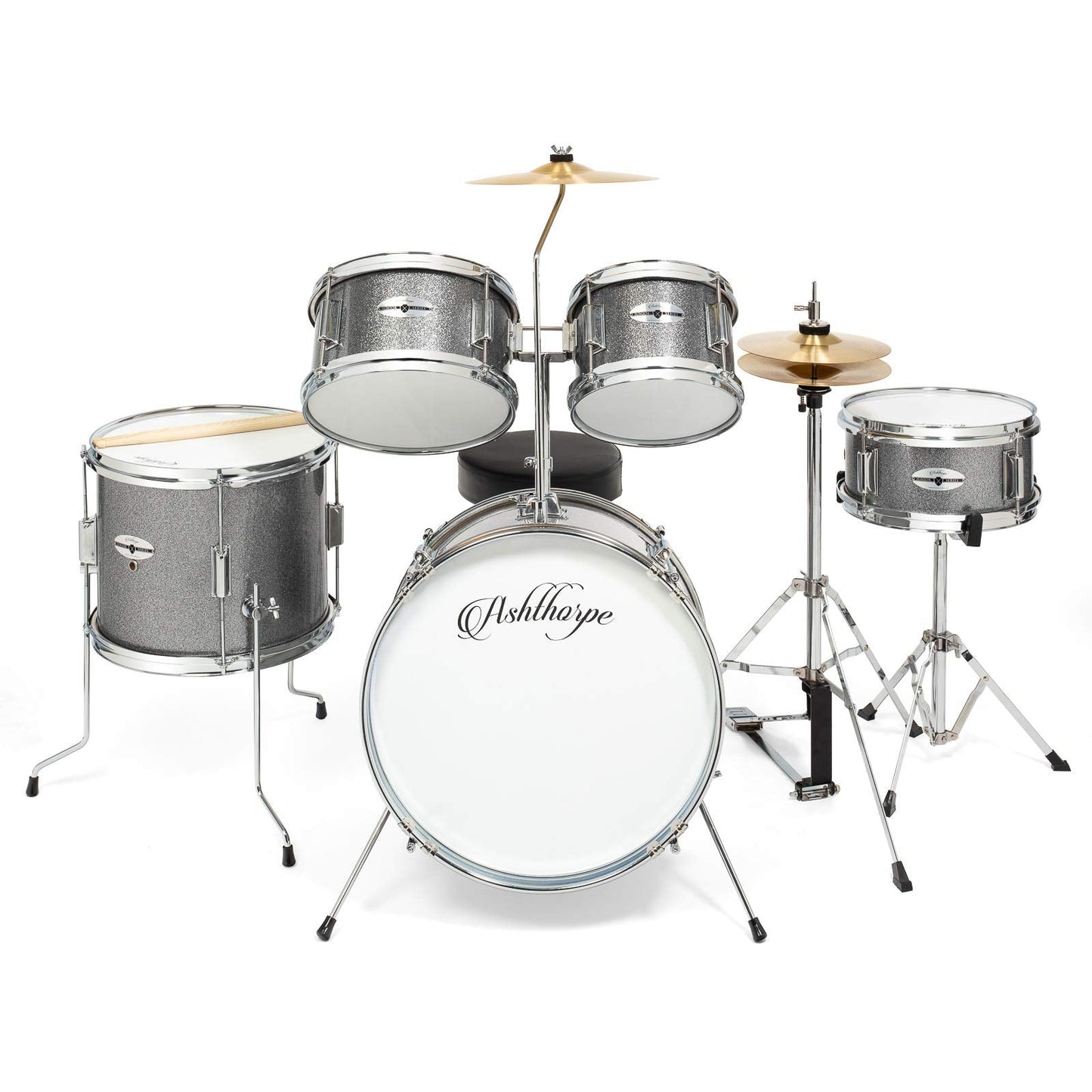 Ashthorpe 5-Piece Complete Junior Drum Set with Genuine Brass Cymbals - Advanced Beginner Kit with 16" Bass, Adjustable Throne, Cymbals, Hi-Hats, Pedals & Drumsticks - Silver