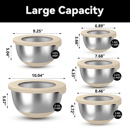 KITEISCAT Stainless Steel Mixing Bowls with Lids – Set of 5 Large Nesting Metal Bowls for Kitchen, Baking, Cooking, Food Prep & Storage, Non-Slip Base, Dishwasher Safe,Khaki