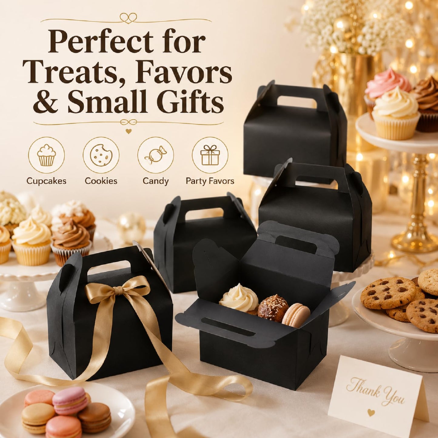 ABuff 50 Pack Black Gable Treat Boxes, Goodies Favor Gift Box for Kids, Party Favor Boxes for Snacks, Candy, Toys, Baby Showers Birthday Party Wedding, 6.3x3.5x3.2 Inches