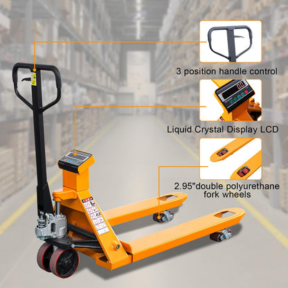 Kaixun Pallet Jack Scale, 4400 lbs Capacity, 27" W x 45" L Forks, LCD Display, Lb/Kg Switchable Manual Hand Control Pallet Truck with Built-in Scale, PU Wheels