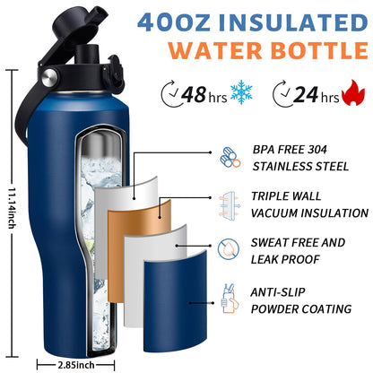 40oz Water Bottle with Straw - Vacuum Stainless Steel Insulated Cups w/Survival Paracord Handle & Carrier Bag, Skinny Water Bottle Insulated Water Bottle Fits in Cup Holder for Travel Drive