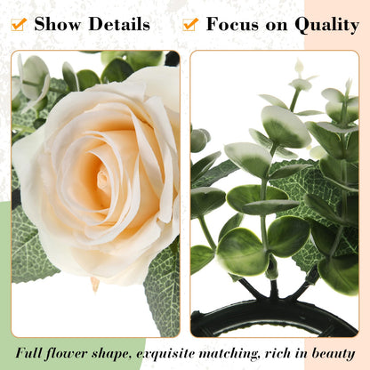 Yunlly 32 Pcs Rose Candle Rings with Flameless Candles Sets, Artificial Flower Eucalyptus Wedding Centerpiece 3 Inch Pillar Candleholders Wreaths for Wedding Party Mother's Day (Champagne)