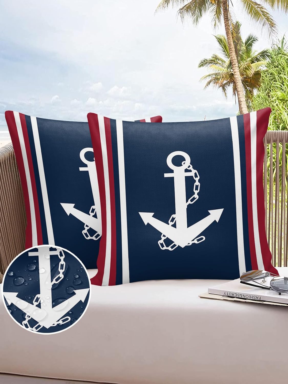 Waterproof Pillow Covers for Couch, Set of 2 Throw Pillow Cases, Nautical White Anchor Navy Blue Red Decorative Cushion
