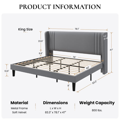 SHA CERLIN King Size Velvet Upholstered Platform Bed Frame with Vertical Channel Tufted Wingback Headboard, Wooden Slats Support, Easy Assembly, Under Bed Storage, No Box Spring Required, Grey