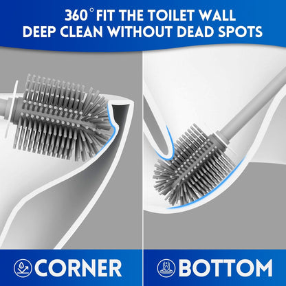 Toilet Brush and Holder Set, Silicone Toilet Bowl Cleaner Brush for Bathroom & RV Cleaning, Space Saving Design