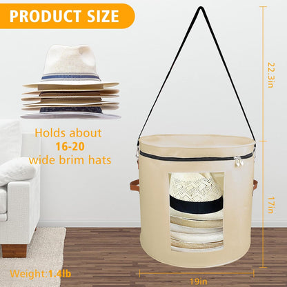 Large Hat Storage Box for Women & Men, 19" D x 17" H Foldable Round Organizer with Dustproof Lid for Travel