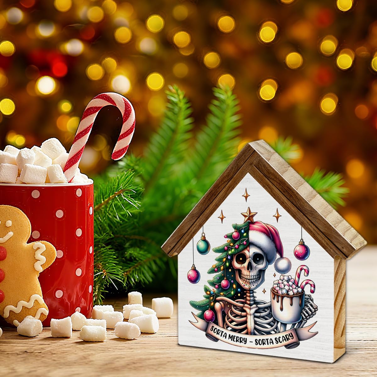 Gothic Christmas Skeleton Decor, Sorta Merry Sorta Scary House Shaped Wood Sign, Goth Spooky Christmas Decorations
