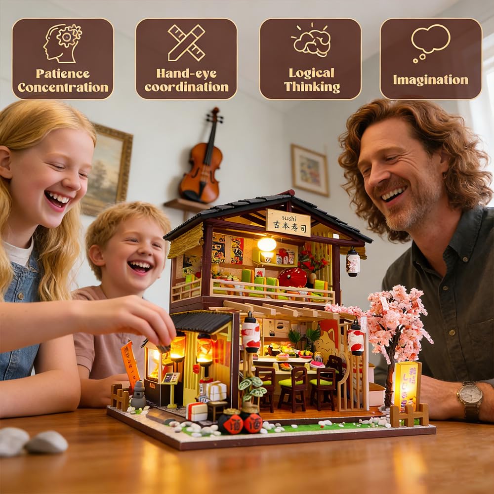 LUSASIN Book Nook Kit with Dust Cover, DIY Miniature House Kit for Adults Bookshelf Insert Booknook 3D Wooden Puzzle Dollhouse Room Decor Gifts for Family, Friends(Excluding Batteries and Glue)
