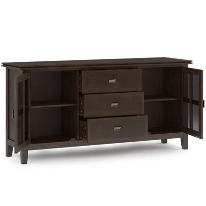 SIMPLIHOME Artisan Buffet - 60 inch Wide Solid Wood 3-Door Sideboard Buffet in Dark Chestnut Brown, Contemporary Storage Cabinet for Dining Room or Kitchen with Adjustable Shelves and Bronze Hardware