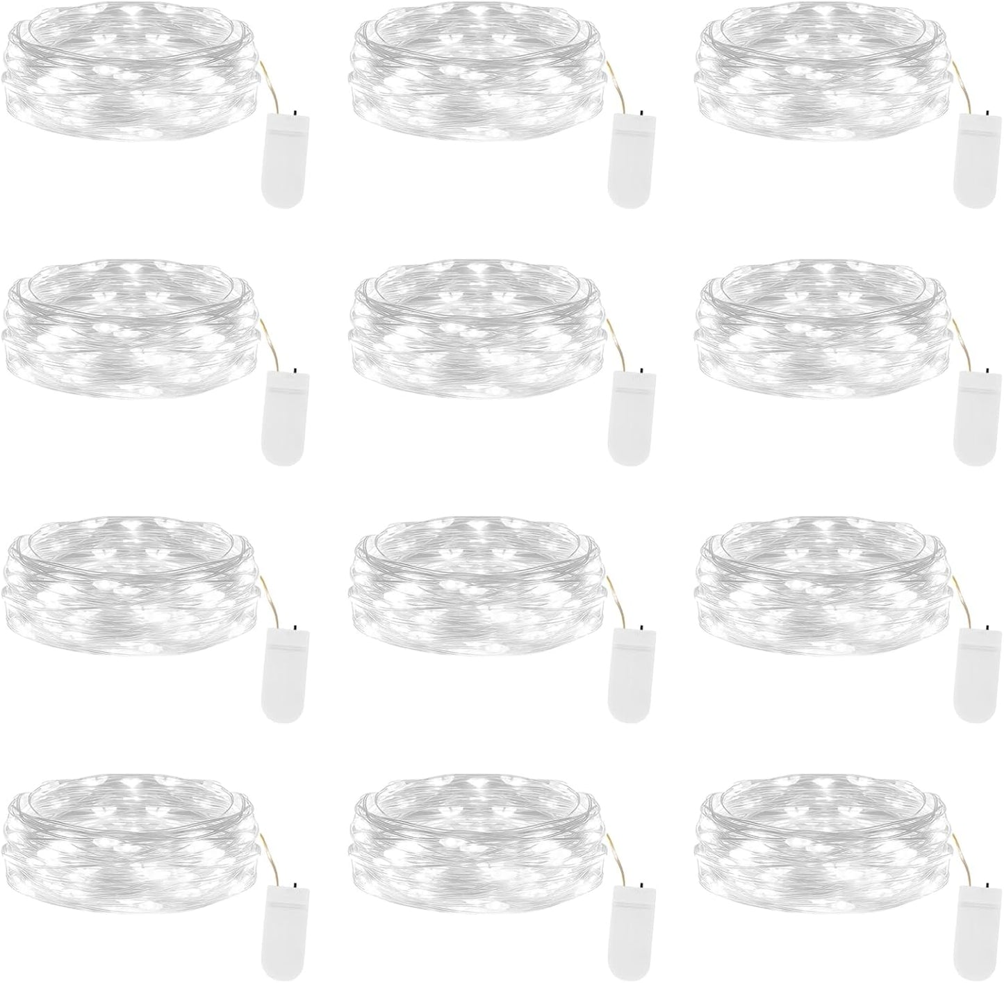 12-Pack Lights-7FT 20 Lakumu Fairy Lights Battery Operated String LED,Waterproof Silver Wire Firefly Lights for Mason
