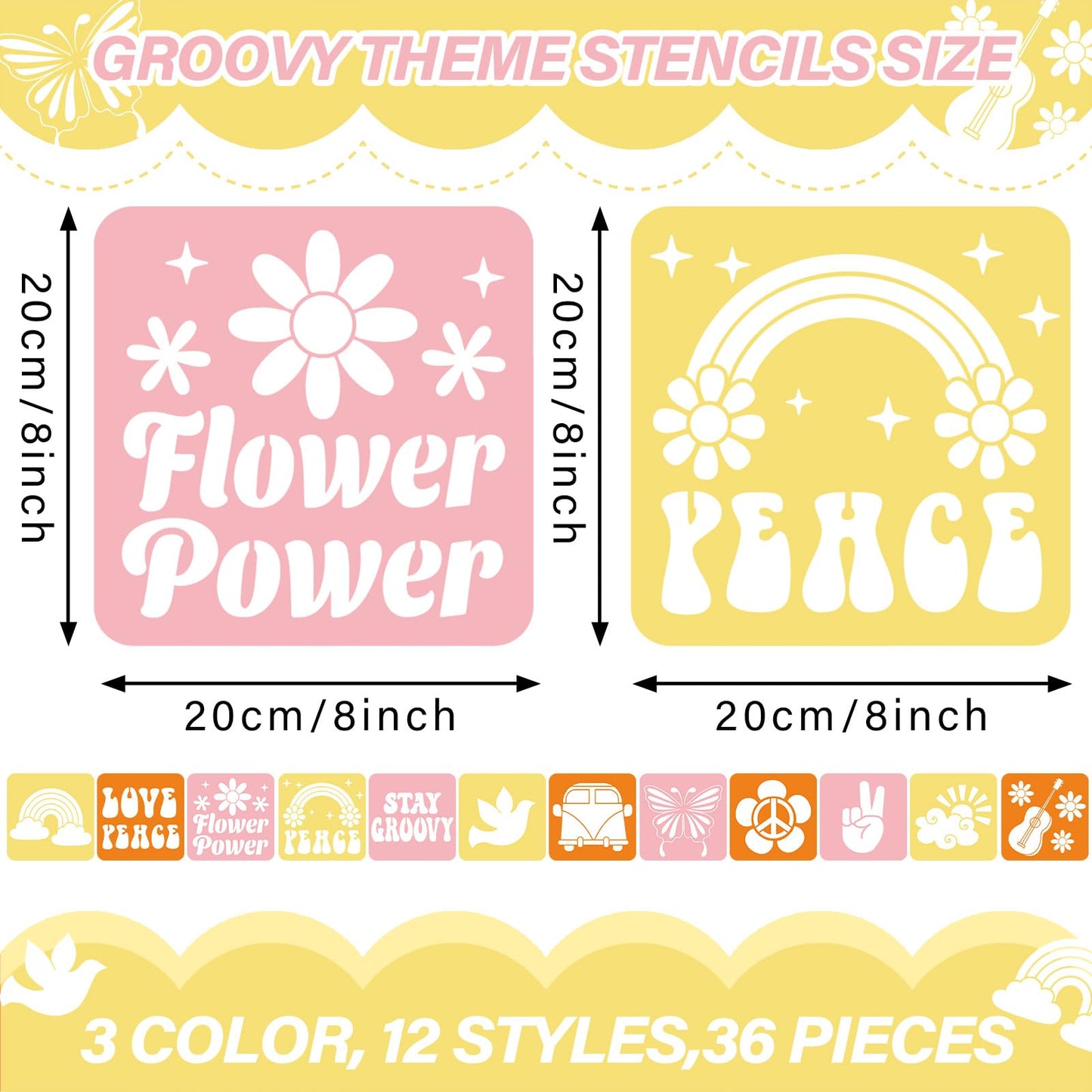 36pcs Groovy Hippie Drawing Stencils for Kids 8 Inch Sidewalk Chalk Stencils Painting Spring Gifts Large Washable Reusable Retro Boho Themed Primary Shape Template for Kids Toddlers Preschool