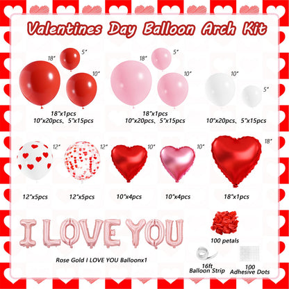 OTLGEUA Valentines Day Balloon Garland Arch Kit, Pink Red I Love You Balloons with Rose Petals for Bachelorette Bridal Wedding Engagement Birthday Galentines Romantic Valentines Party Decorations