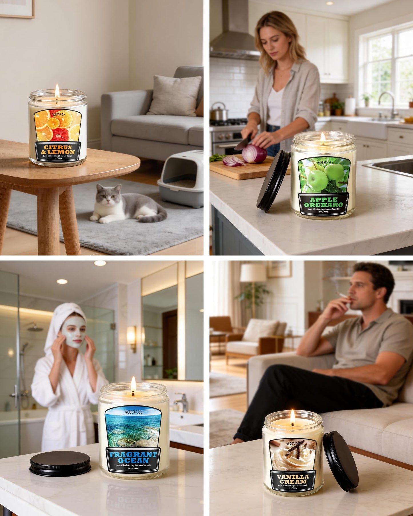 AOOVOO 4 Pack Citrus Lemon Odor Eliminating Candle - Up to 200 Hours Burn time, Eliminates 95% of Pet, Smoke, Food, and Other Smells Quickly, 36 oz Non Toxic Highly Fragranced Air Freshing Soy Candle
