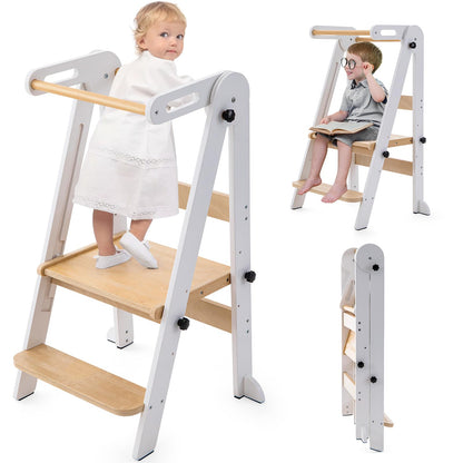Foldable Toddler Tower, Kitchen Stool Helper, Standing Tower with 3 Adjustable Heights and Non-Slip-Strips, Kitchen Tower for Kids 1.5-6 Years, Montessori Stool for Counter Sink (White)