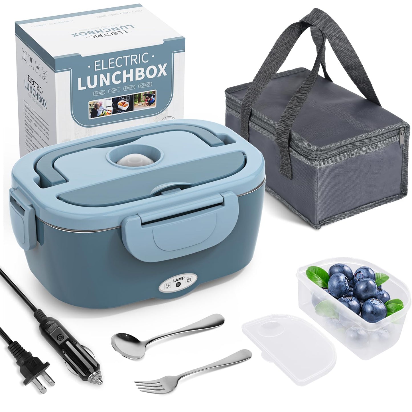 Electric Lunch Box Food Heater, 3 in 1 Ultra Quick Heated Lunch Boxes for Adults, 12V/24V/110V Portable Food Warmer for Car/Truck/Office With Fork Spoon and Insulated Carry Bag