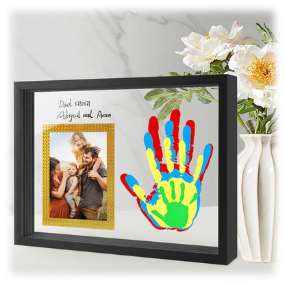 Family Handprint Keepsake Frame Kit with Photo Display – DIY 3D Floating Layered Design for Mom, Dad and Baby – Safe Non-Toxic Paint Set for Footprints – Perfect Baby Shower Gifts, New Parents Couples Keepsake, Home Decor 13.1x9.6 Inch (Black)