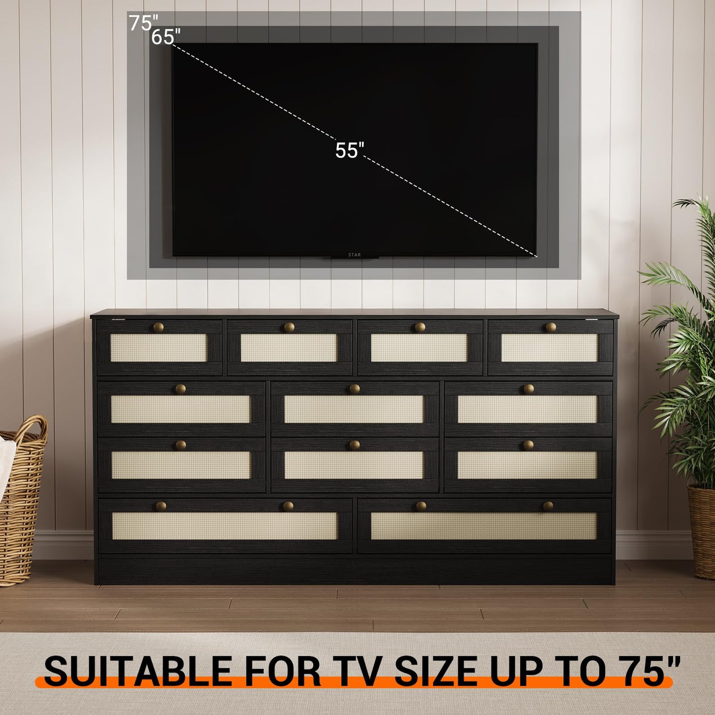GarveeHome 12 Drawer Wooden Dresser for Bedroom, Rattan Chest of Drawers for Closet, Living Room, Hallway, 61 Inch Wood Wide TV Stand Dressers for 65 Inch TV, Modern Dresser for Adult Room