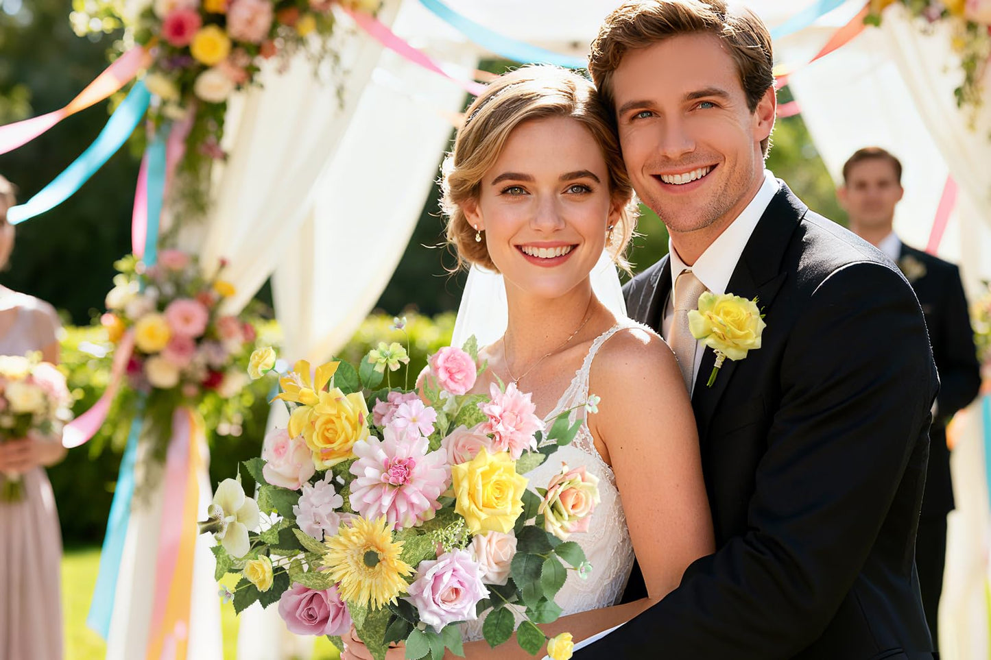 rongflower Yellow Pink Artificial Flowers Combo Set Fake Flower Leaf Box with Stemst for DIY Wedding Bridal Bouquet, Centerpieces, Home Decor, Floral Arrangement Decor