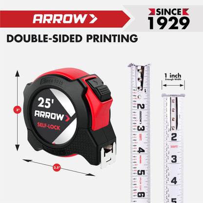 Arrow 25FT Auto-Lock Tape Measure, Easy Read Measuring Tape with Fractions 1/8″, Double Sided Measurement Tape with 1″ Blade, Belt Clip, Dual-End Metal Hook, and Rubber Protective Casing