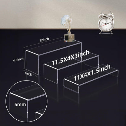 Jusalpha 3 Pcs 12" Large Acrylic Risers 5mm thickness Rectangular Display Shelf for Cupcake Stand, Tiered Display Stand for Funko Candy Shoe Showcase, Collectibles (3 Pieces)