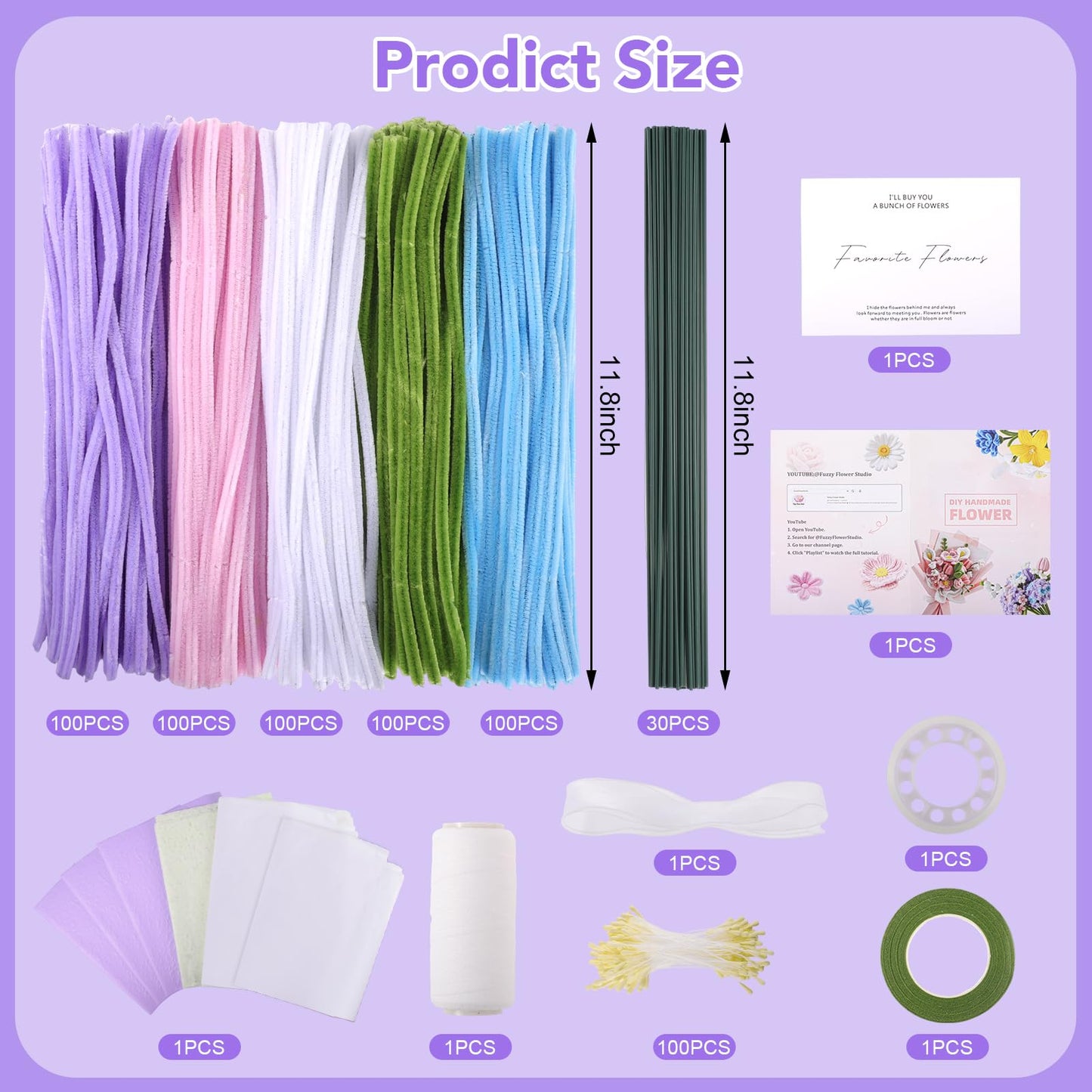 WSICSE 500Pcs Purple Pipe Cleaner Flower Kit, Pipe Cleaners Bulk Chenille Stems with Floral Wires, Gardening Tape,Stamen& Ribbon, Wrapping Paper (5 Colors)