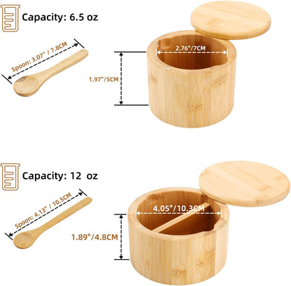 Natural Bamboo Salt and Pepper Bowl, Bamboo Salt Cellar with Built-in Spoon and Magnetic Swivel Lid, Single Compartment