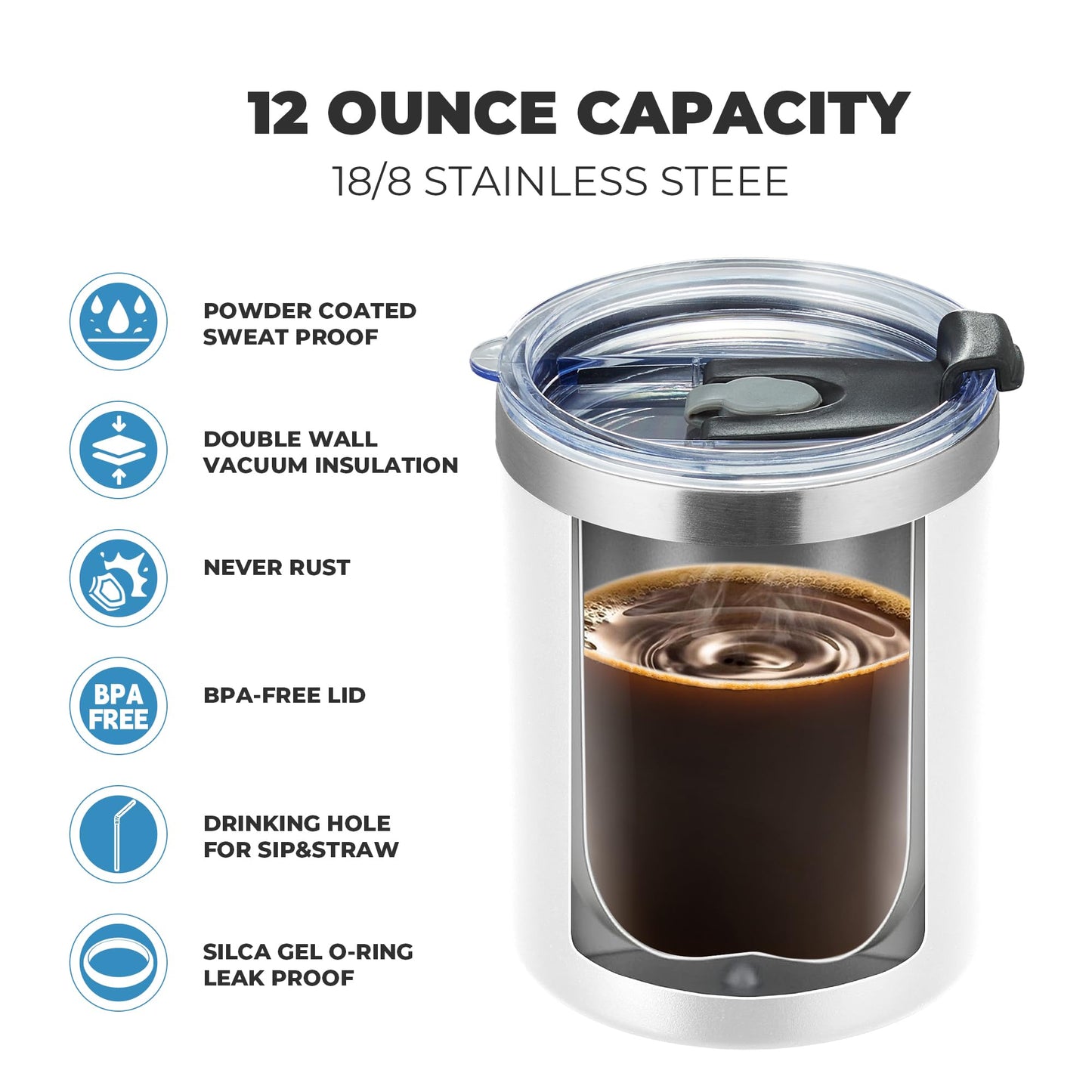 MEWAY 12oz/8 Pack Coffee Mug With Lid, Insulated Stainless Steel Reusable Coffee Cup, Double Wall Durable Coffee Mug, Powder Coate，For Coffee, Beer, Home, Office(MIX,8 Pack)