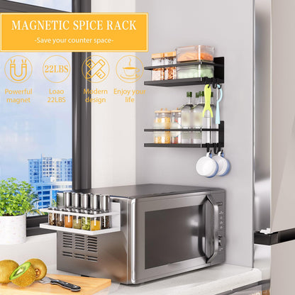 KMUZAWN Magnetic Spice Rack for Refrigerator, 2 Pack Magnetic Shelf, Fridge Magnet Organizer with Moveable 6 Hooks, Magnetic Fridge Shelf for Kitchen Organization and Storage(Black, 2 Pack)