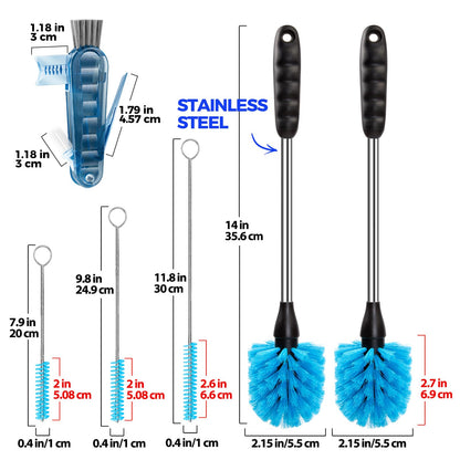 Holikme 6 Pack Brush Set, 14" Long Handle Stainless Steel Cleaner, 3 Straw Brushes, 4-in-1 Cleaning Brush for Water and Baby Bottles Straws, Aqua
