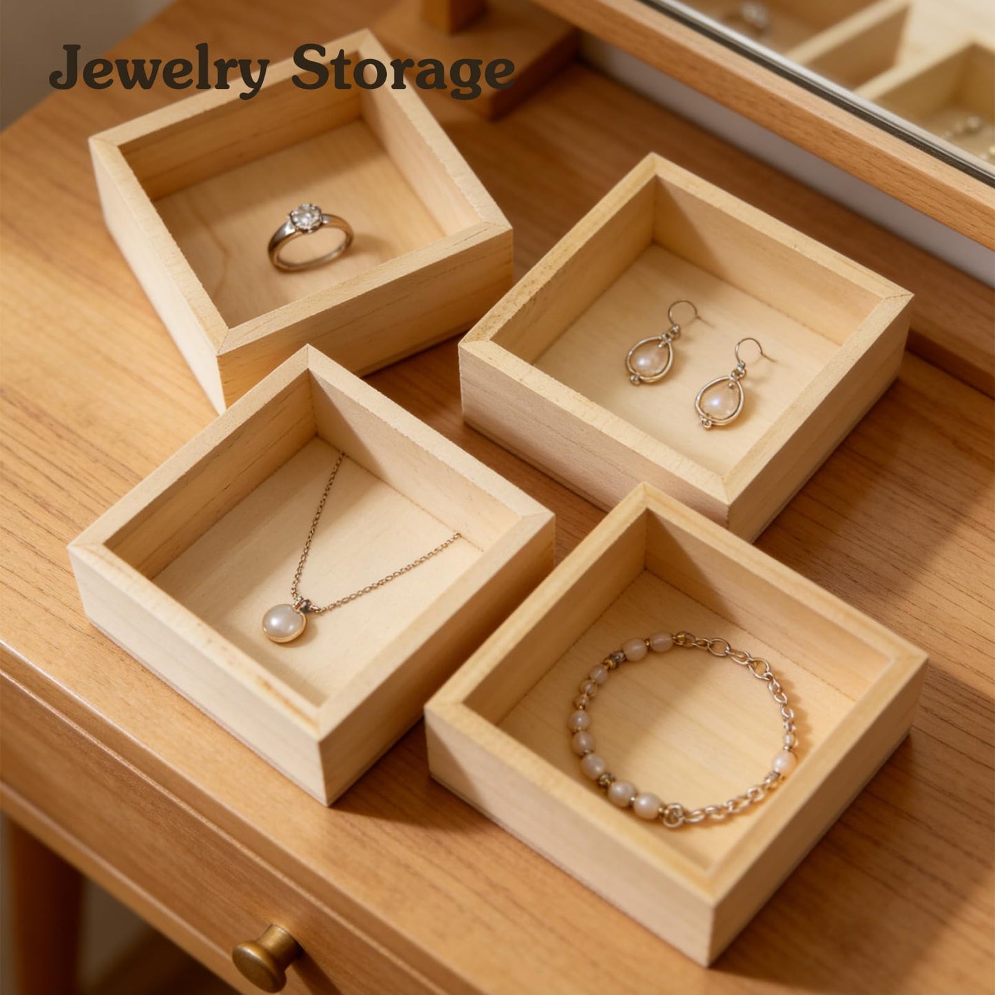 4 Pack Unfinished Wooden Craft Storage Organiser Boxes, 3.15 x 3.15 x 1.57 inch Square Rustic Small Wooden Box, Rustic Natural Wood Container Box for Home Decor, Desktop Drawer Organizer
