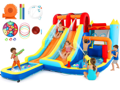 JOYLDIAS Inflatable Water Slide Park, Giant Bounce House with 450W Blower, Climbing Wall, Dual Basketball Hoops & Ring Toss Games - Outdoor Backyard Jumper for Kids Ages 3+