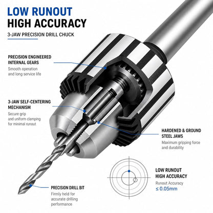 1/32" - 5/8" Keyed Drill Chuck with MT2 with JT6 Taper Arbor - Three-Jaw Chuck, Quenched Steel Construction, Precision Ground Shank