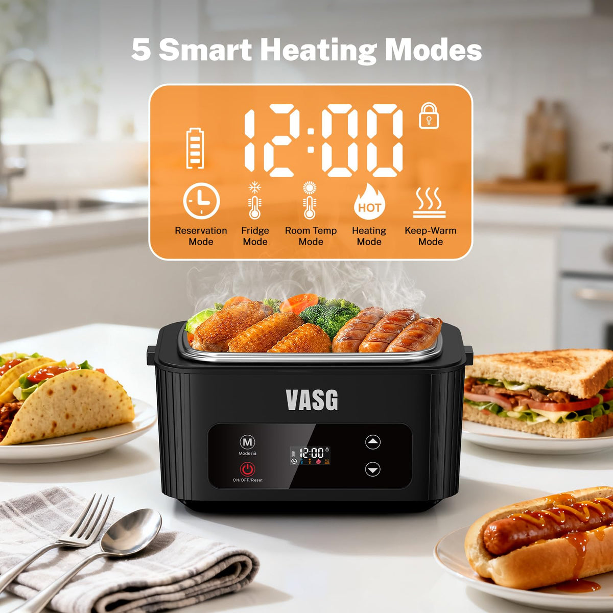 VASG 2026 Upgraded Cordless Heated Lunch Box for Adults, XXL 5.1-Cup Electric Lunch Box with 360° Surround Rapid Heating, 12000mAh Portable Food Warmer with Timer, LCD Display for Office & Car