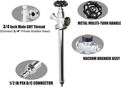 10 Inch 1/2 Inch 3/4 Inch WHK Frost Anti-Siphon Sillcock PEX B X Hose Bibb,Frost Proof Outdoor Faucet Bib with Vacuum
