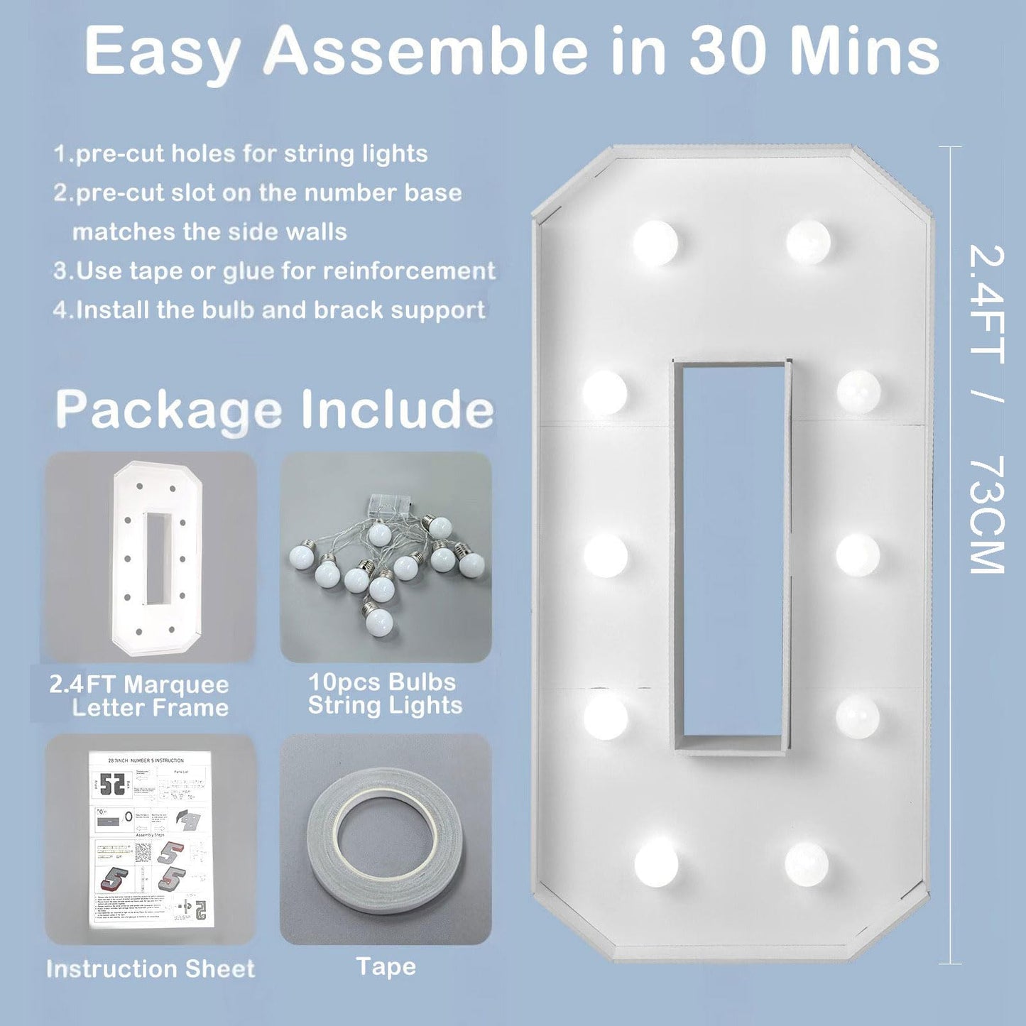 FAYLISVOW 2.4FT/28.74in Marquee Light up Numbers Marquee Number 2 with White Lights for Birthday Party Large Mosaic Frame Letter Cardboard Pre-Cut Giant Cut-Out Thick Foam Board Sign DIY Decorations