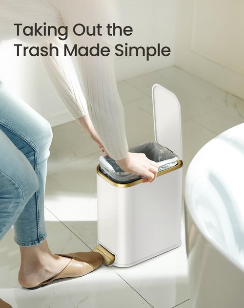 Cesun Small Bathroom Trash Can with Lid Soft Close, 5 Liter/1.3 Gallon Stainless Steel Garbage Can with Removable Inner Bucket, Step Pedal, Slim Waste Basket for Toilet, Office, Bedroom (White&Gold)