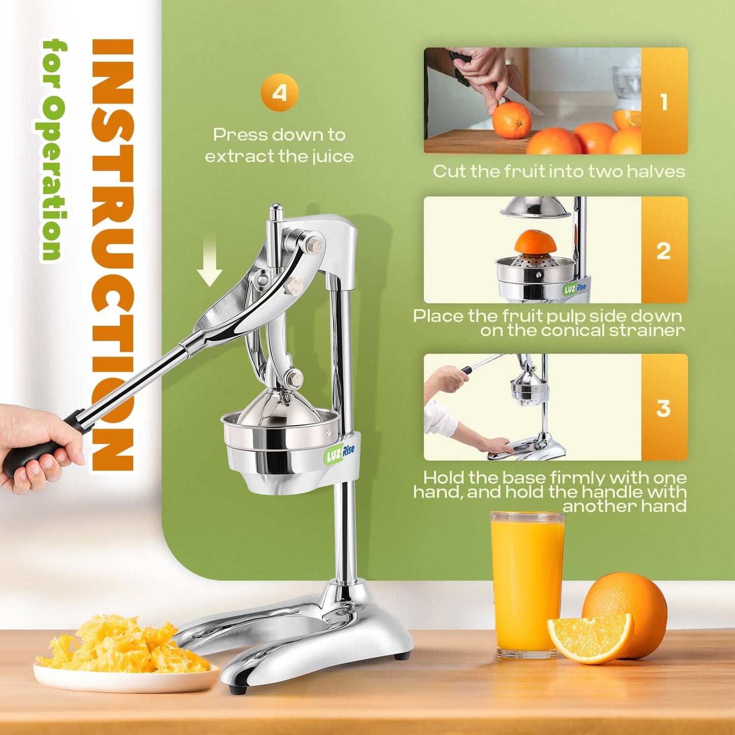 Luzrise Manual Juicer Hand Press Professional Citrus Juicer Countertop Metal Orange Lemon Pomegranate Squeezer for Commercial Home Restaurant Use( Stainless Steel Heavy Duty Extra Large 7.4*9.8*19.3")