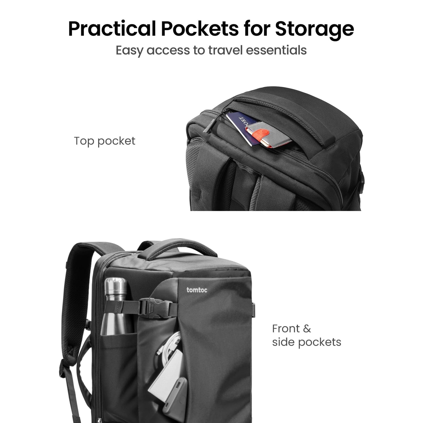 tomtoc Travel Backpack 40L, TSA Friendly Flight Approved Carry-on Luggage Hand Water-resistant Lightweight Business Rucksack, Durable Large Weekender Bag Daypack Fits 17.3 Inch Laptop, PFAS Free