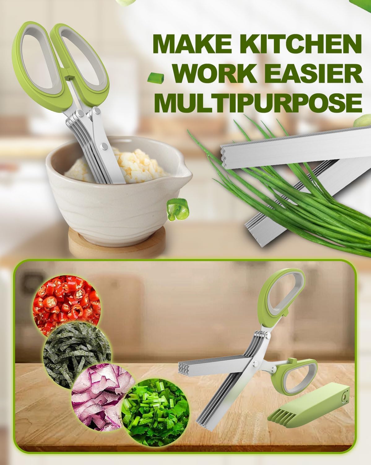 Heavy Duty Herb Cutter, Kitchen Scissors with 5 Blades and Cover for Cutting Basil, Chive, Parsley, and Garlic