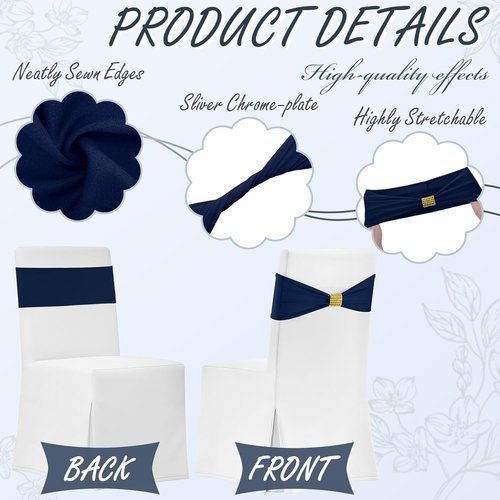 Hahafelt Spandex Chair Sashes with Rhinestone Buckle - 100 Pcs Navy Blue Bowknot Ties for Events