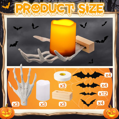 Tuanse 6 Pcs Halloween Skeleton Wall Decorations 3 Witch's Hand Wall Mounted Creepy Hands 3 Lighted Candles 3D Black Spooky Bats Double-Sided Tape for Gothic Halloween Indoor Home Decoration