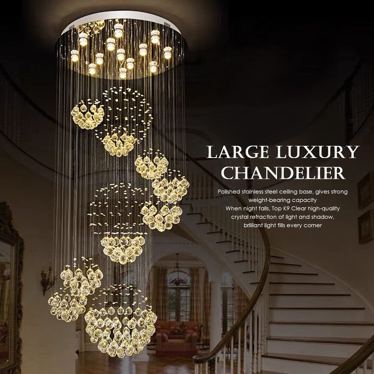 Siljoy Modern Foyer Chandeliers for High Ceiling, Large Staircase Chandelier with Spiral Sphere Design, Raindrop Crystal Chandelier Flush Mount Ceiling Light for Entryway Living Room W31.5 X H110