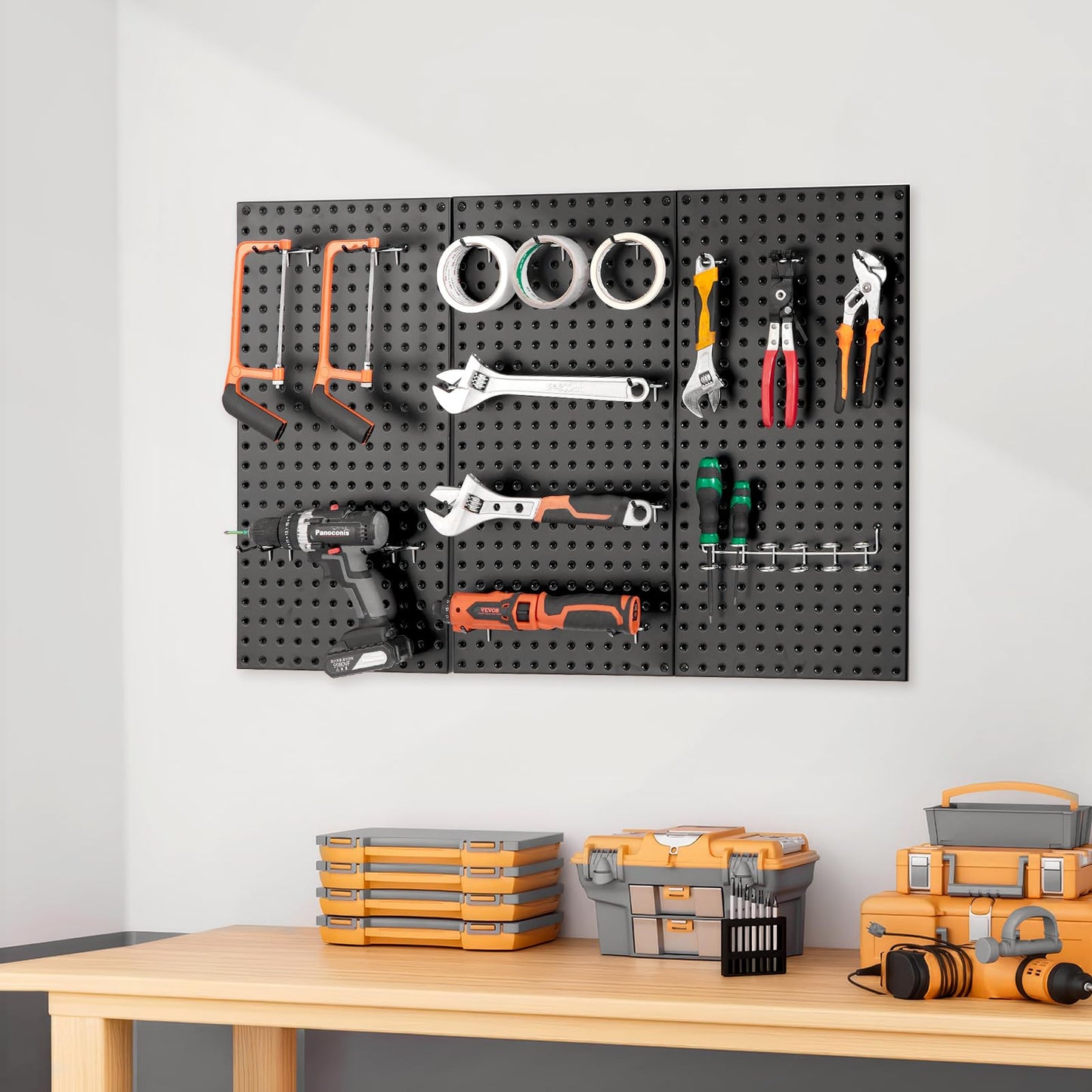 VEVOR Metal Pegboard Panels, 24" x 12" Pegboard, 3 Panels, Heavy Duty Steel Peg Board Wall Organizer, for Living Room Garage Tool Storage Workbench Office Organization Craft Room Kitchen Home, Black