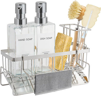 12 oz/350ml Set GMISUN Kitchen Soap Dispenser, Fl Clear Dish Soap Dispenser with Silver Sponge Holder, Customized Glass