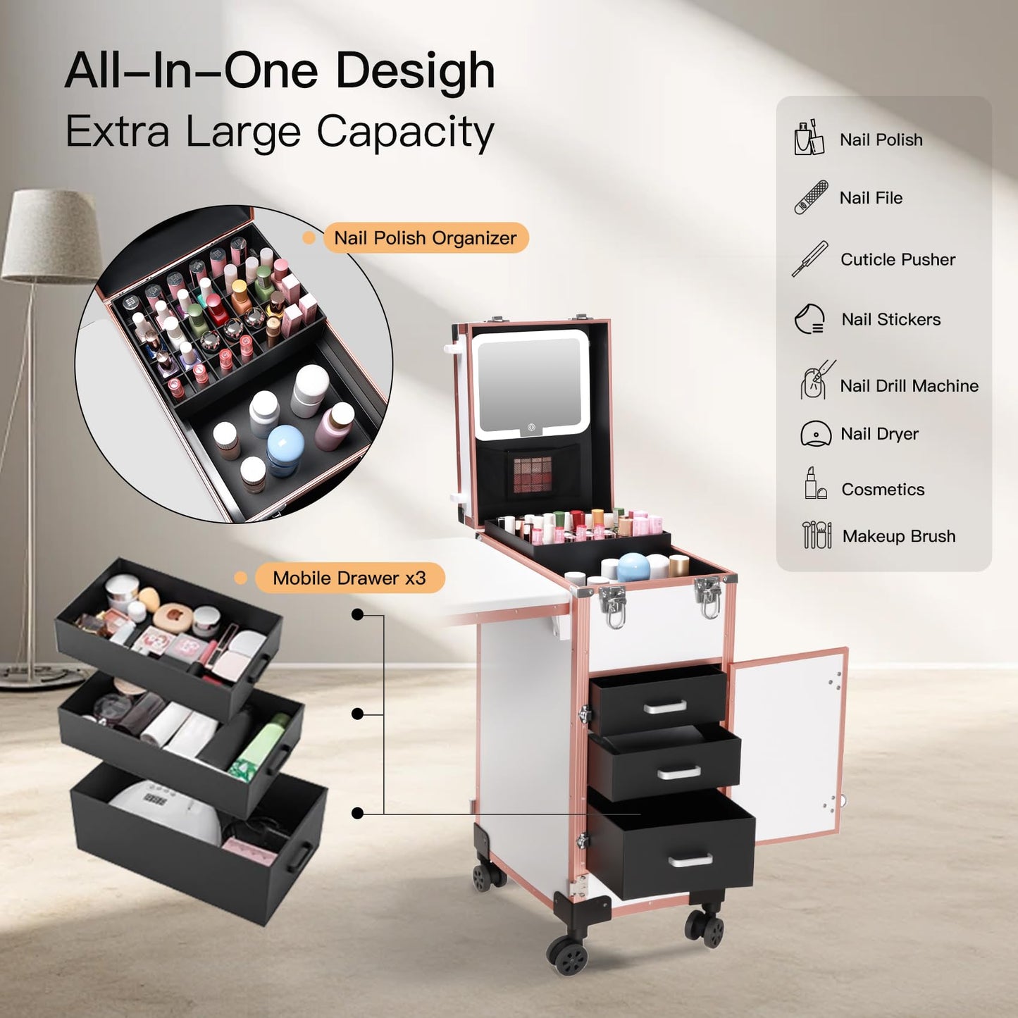 Rolling Portable Manicure Table with 3 Drawers, Lockable Makeup Train Case with Detachable Mirror, Foldable Nail Desk with Wheels & Handle, Mesa de Uñas Profesional para Nail Techs & Salon Use, White