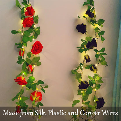 Fielegen 6.56 FT Halloween Artificial Black Rose Vine Lights Fake Floral Garland Wall Decoration Faux Plants Rose Vine with 20 LED Fairy Lights Battery Operated String Lights for Garden Wedding Decor