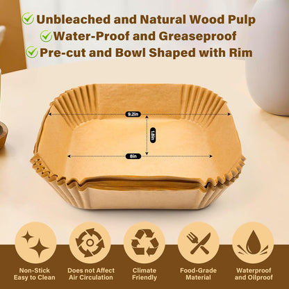 Air Fryer Liners | 125 Pcs Unbleached Non-Stick Parchment Paper | 8 Inch Square for 5-8QT Air Fryers