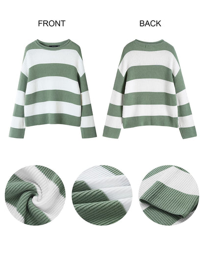 ZESICA Women's 2025 Fall Long Sleeve Oversized Striped Color Block Comfy Loose Crew Neck Knitted Pullover Sweater