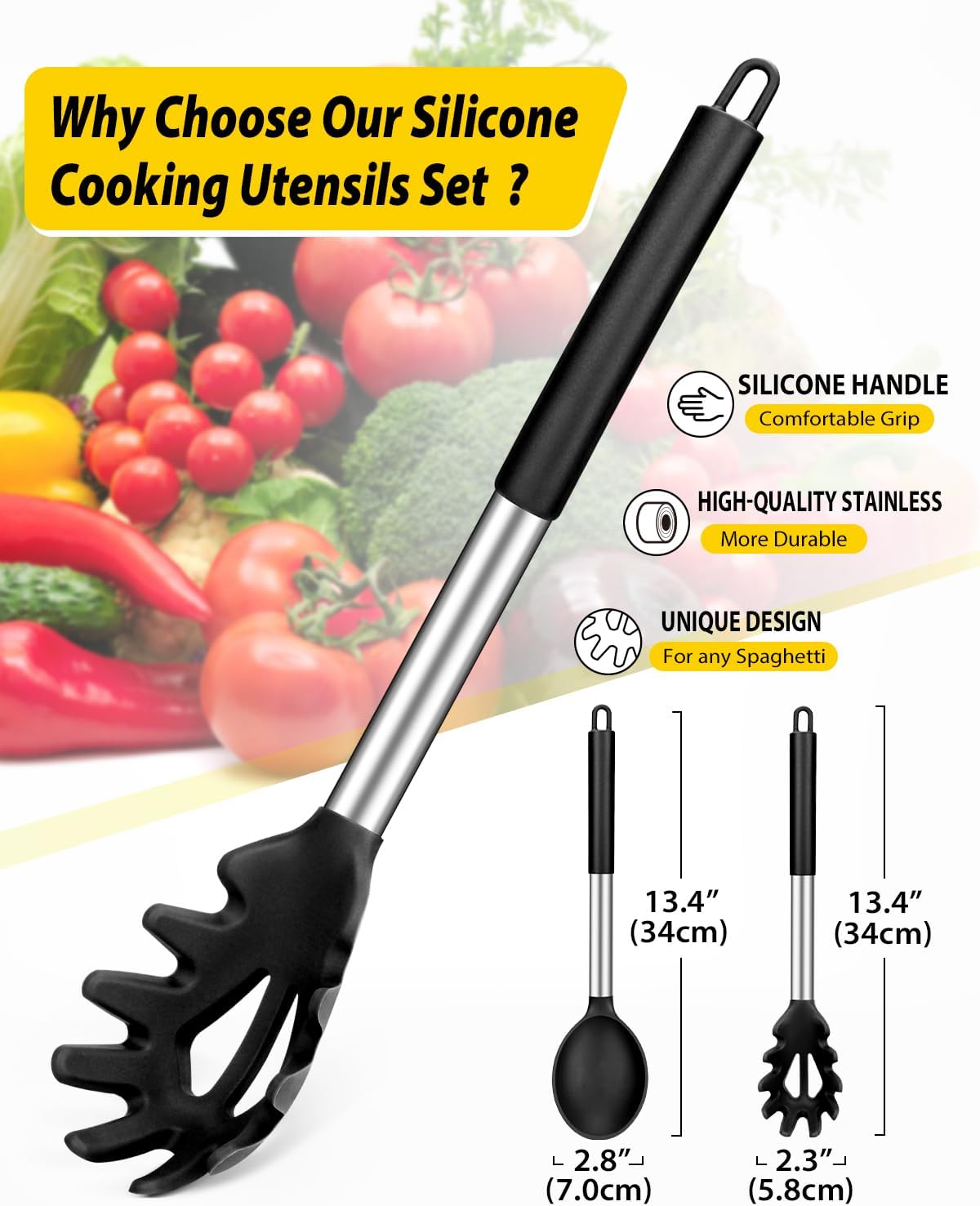 Silicone Pasta Fork and Cooking Spoon Set, Non-Stick Kitchen Utensils for Spaghetti and Soup