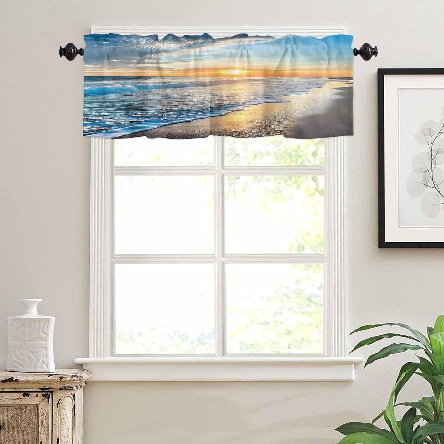Hostline Sunset 42"x18" Valances Curtains for Living Room Beautiful Seascape Waves and Beach Semi Sheer Valance